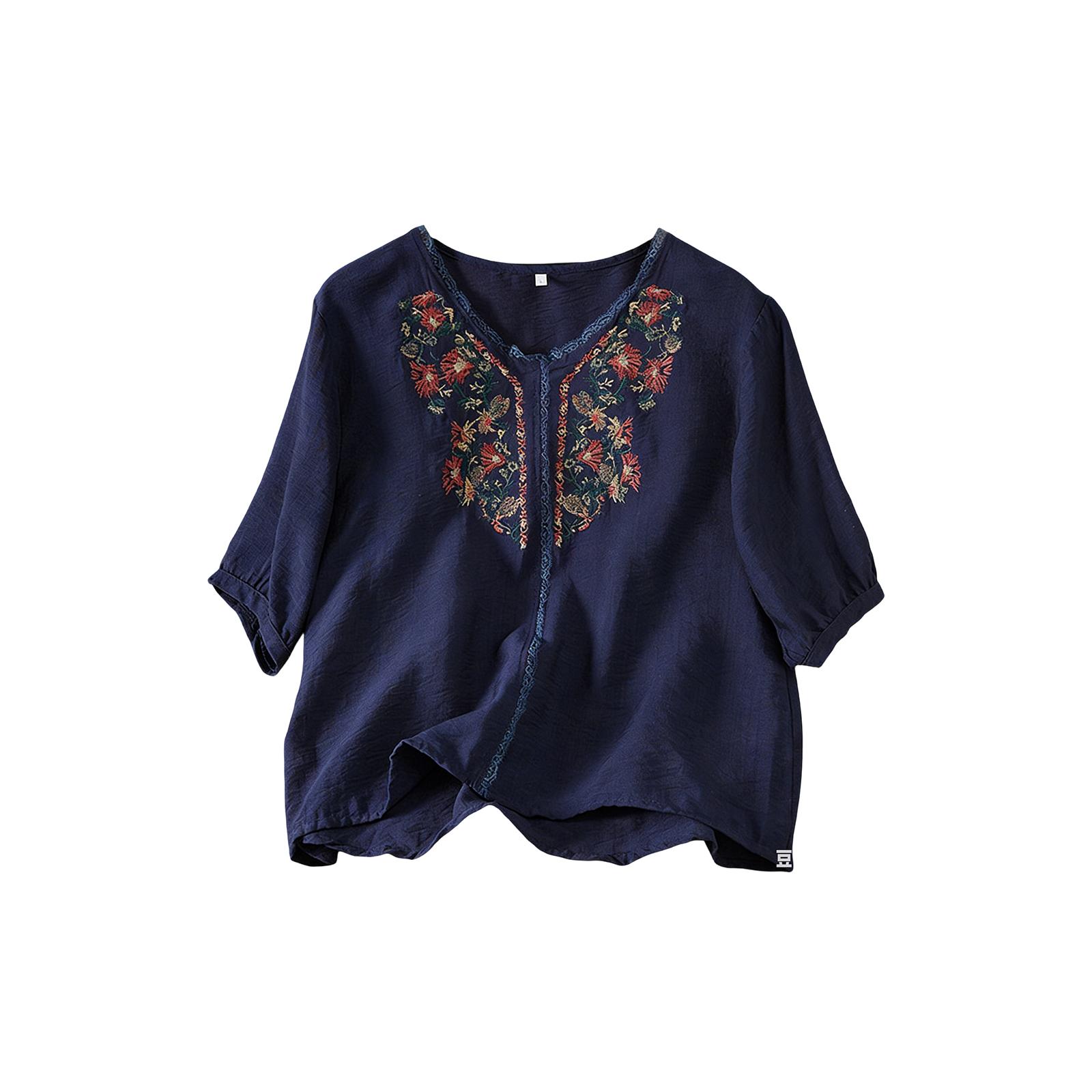 

Women s Retro Embroidered Cotton Linen Top L Темно-синій