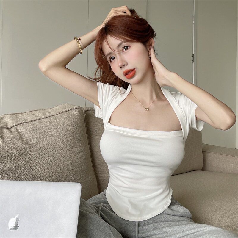 Factory spot square neck short-sleeved t-shirt women's summer pure desire slim-fitting and thin short top