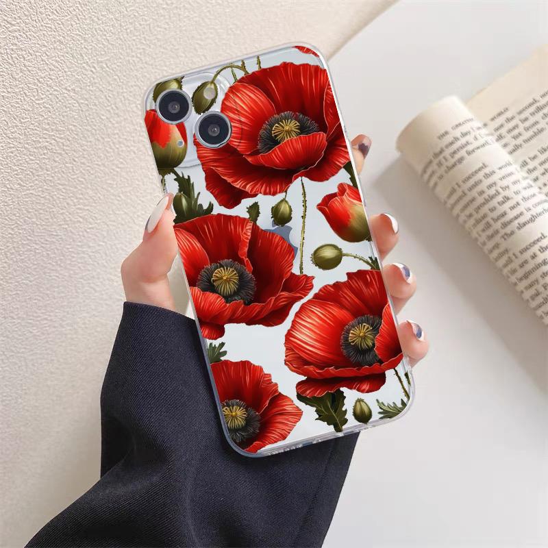 Poppy Flower Bloom Hot Red Clear Case For iPhone 15 11 14 Pro Max 12 13 Pro Max Mini XS X XR SE 2020 7 8 Plus Transparent Cover