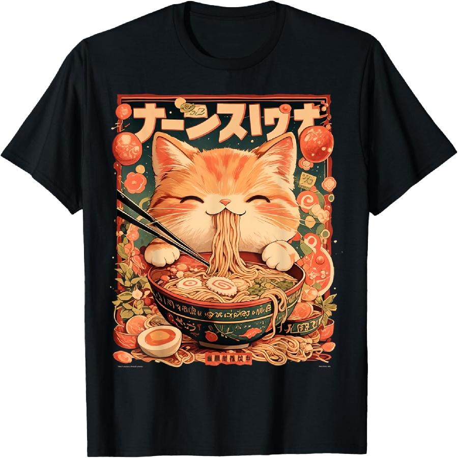 Японское искусство Рамен Кот Ниндзя Укиё-э Аниме Стиль Самурай Кот Футболка XXXXXL чёрный