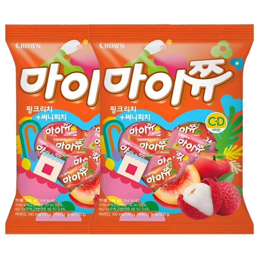 CROWN Mychew Pink Lychee and Sunny Peach Soft Chewy Fruity Candy 284g X 2 Packs