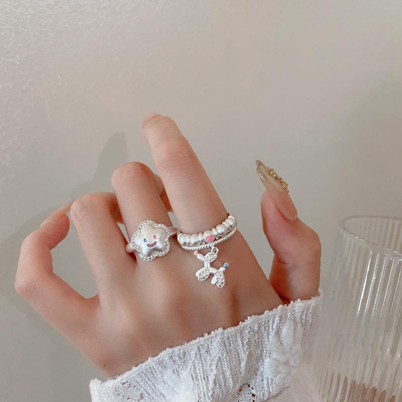 Y2K Fashion Matte Silver Color Star Puppy Rings Girl Sweet Cute Geometric Open Ring For Women Party Jewelry Accessories Gifts