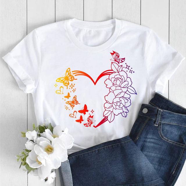 Butterfly Love Heart Print T Shirt Women Fashion Black T Shirt Female Short Sleeve Cute Graphic Tee Shirts Ladies Summer Tops
