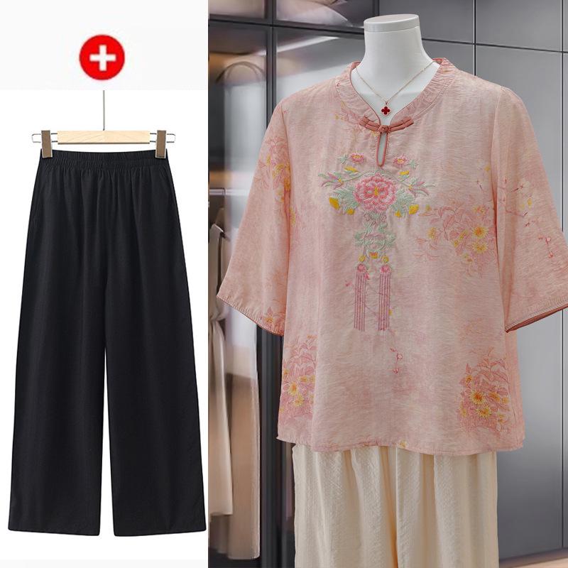 Elegant Summer 2026 Embroidered Cotton Linen Top - Short Sleeve, Breathable, Retro Wear for Mom On Mother's Day