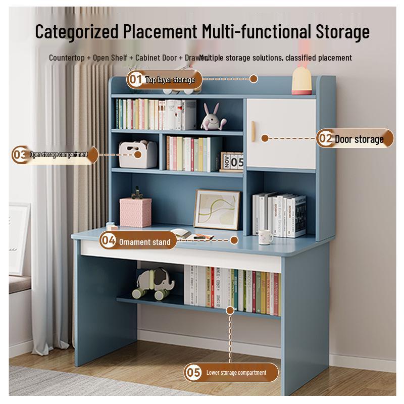 Integrated Desk and Bookshelf: Student Study Set with Writing Table and Storage Cabinet for Bedroom or Home Office.
