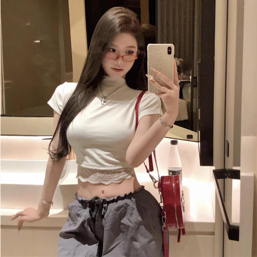 Women's Summer Pure Sexy Lace Short Sleeve T-Shirt Slim Fit Design Spice Girl Semi-turtleneck Button Top