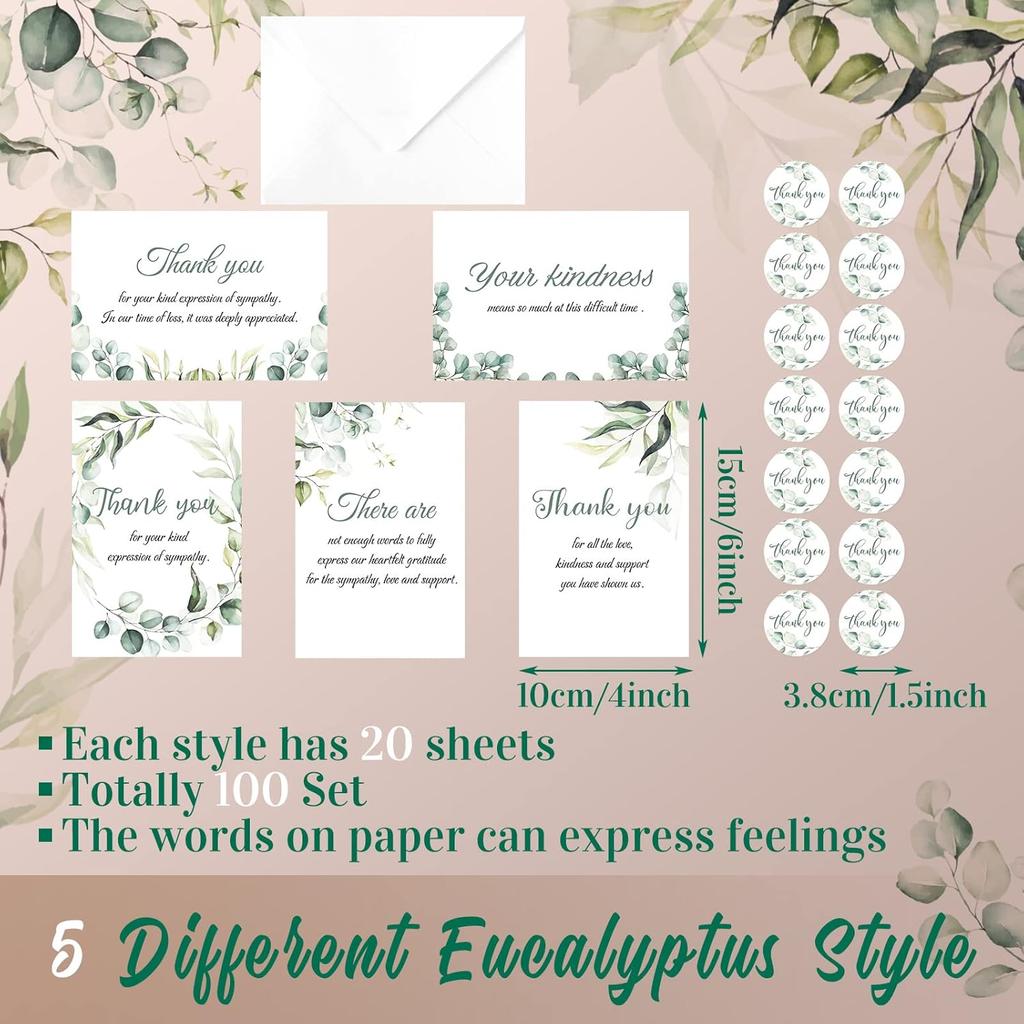 Jetec 100 Pack Funeral Thank You Cards with Envelopes Stickers Bulk Greeting Watercolor Cards for Family Loved Ones Wishes Holiday Celebration
