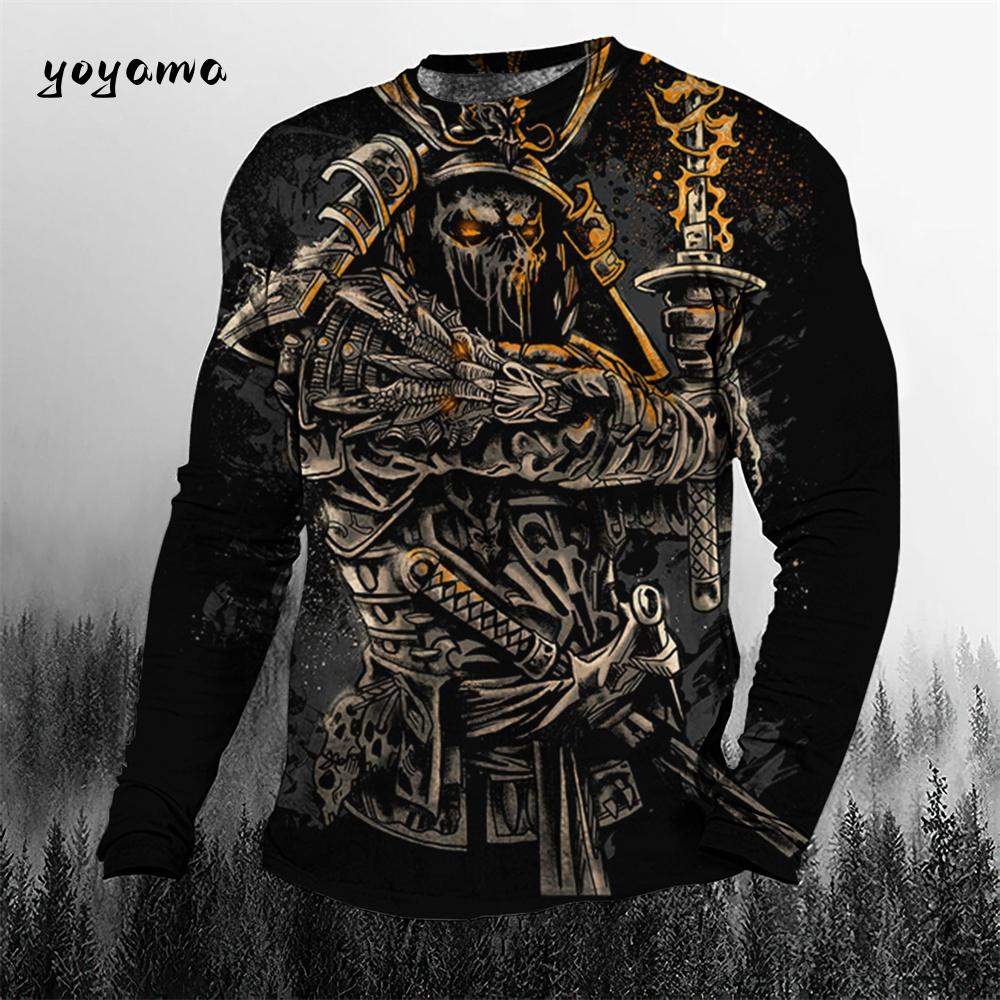 Rundhals 3D Japanischer Samurai-Druck Lässige Langarm-Herren-T-Shirts - Weicher, mittelelastischer Polyesterstoff Frühling und Herbst Relaxed Fit Kleidung
