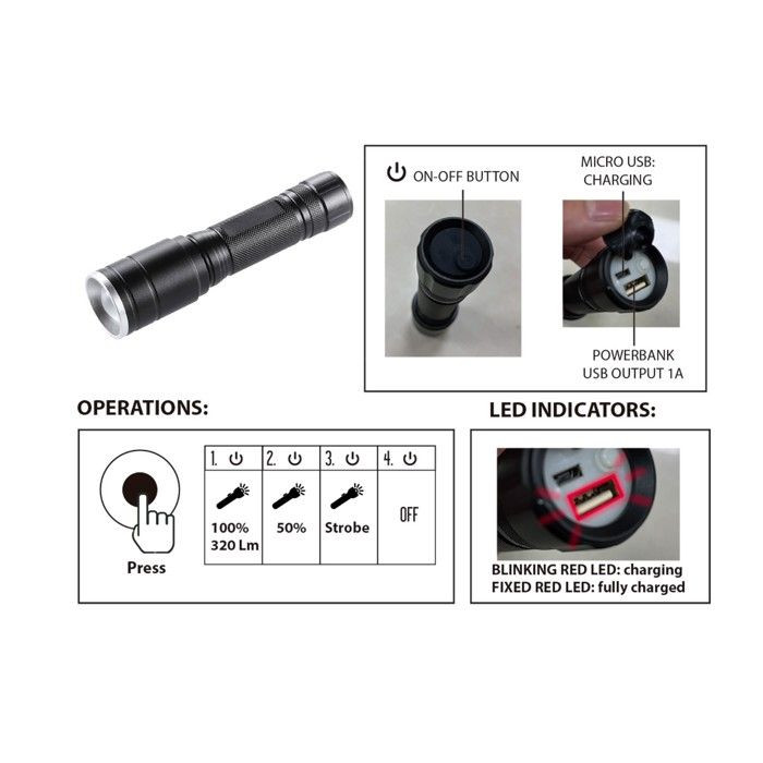 Lampe de Poche - VELAMP - HUNTER - LED rechargeable 5W - Etanche IP44 - Fonction zoom