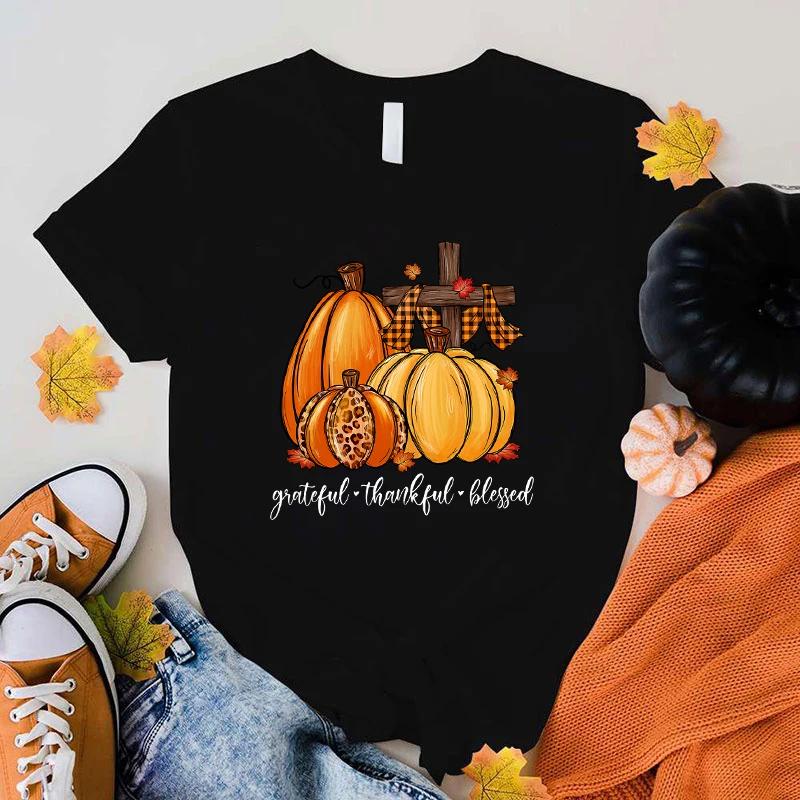 New Unisex Fashion O Neck Tops Fall Pumpkin Grateful Thankful Blessed Printing Shirt Short Sleeve T Shirt Casual Shirt Summer T