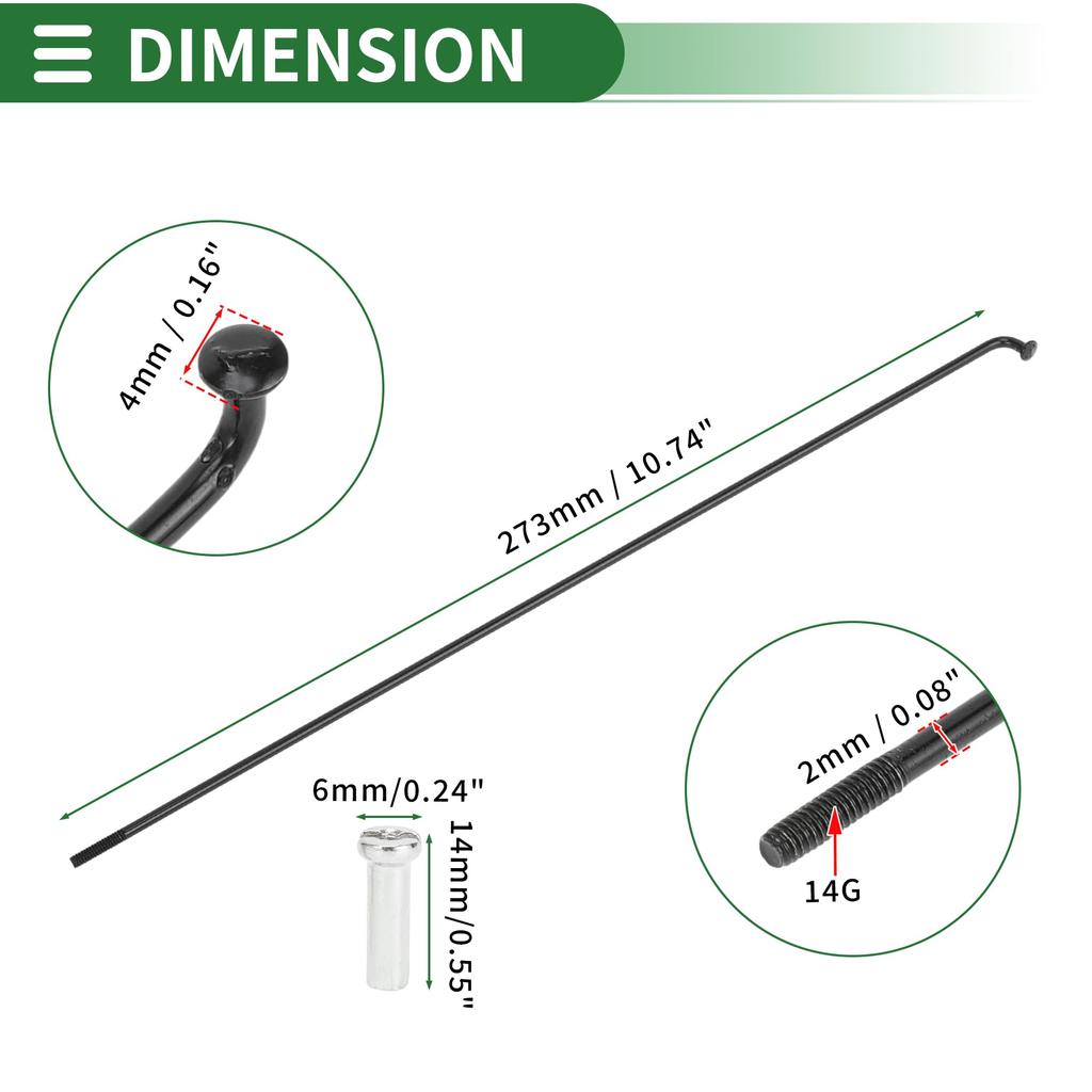 Motoforti Universal Bicycle Spokes, Bicycle Wheel Spokes, 14G, 273mm Length, Carbon Steel, Black, 1 Set