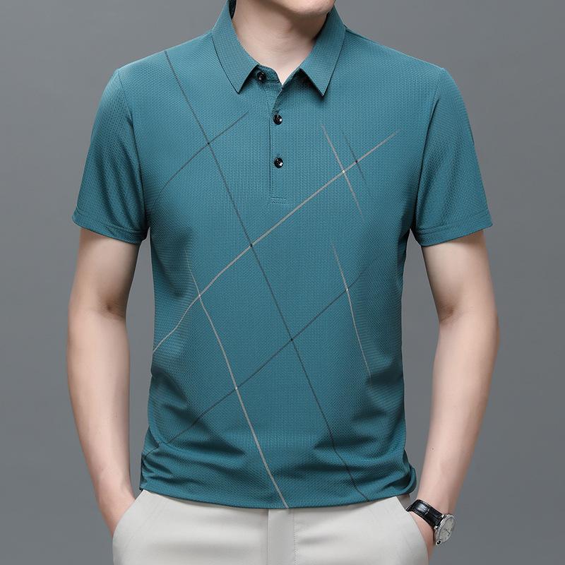 Ice Silk Polo Shirt Men'S Short-Sleeved Lapel T-Shirt Medium And Green Business Casual High Elastic Upper Clothes