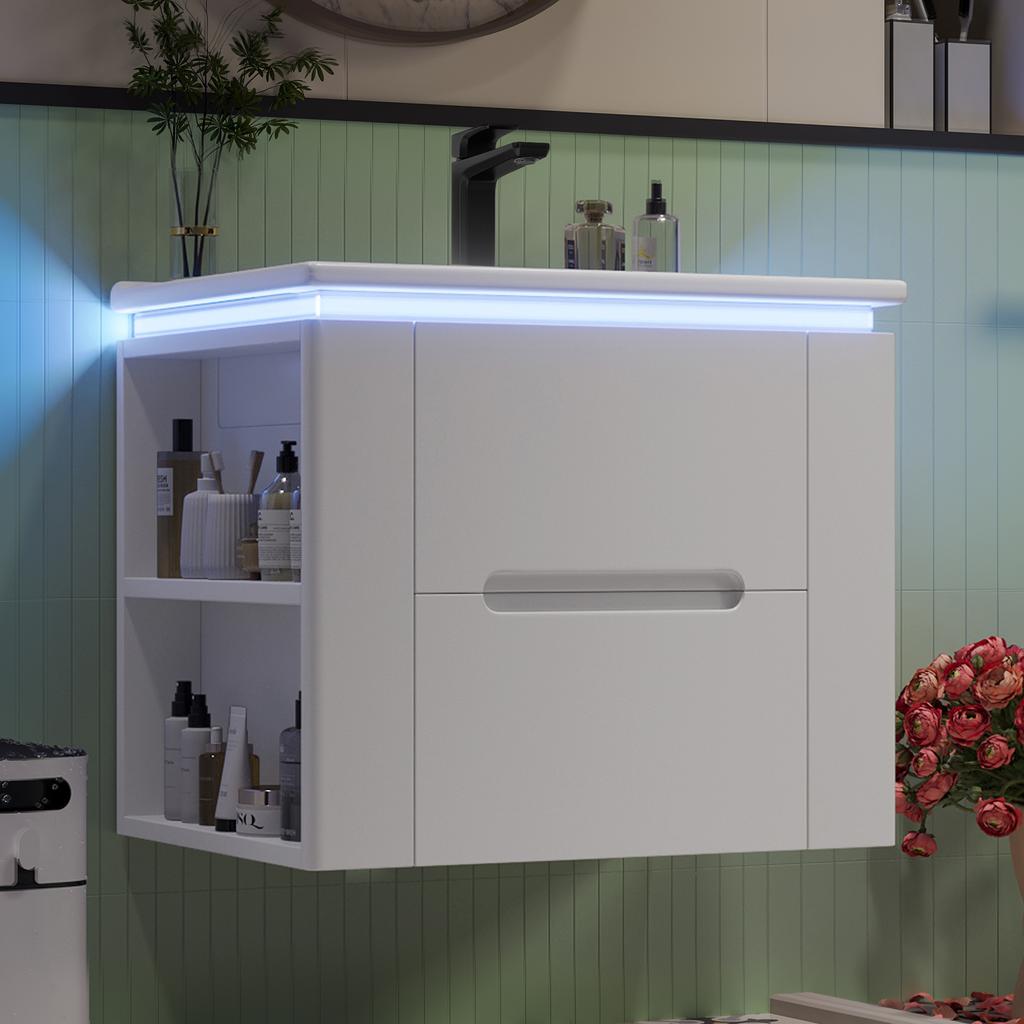 61x46x48,5cm wandmontage badkamermeubel, lakafwerking, LED radar sensorverlichting, twee lades, uittrekbare rails, zijplanken, geïntegreerde wastafel, wit