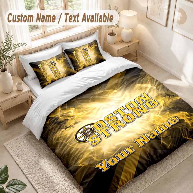 Custom Name Bedding Set 3 PiecesBoston Bruins Print Duvet Cover + 2 Pillowcases Soft Bed Decor