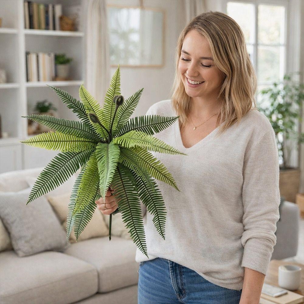 18 Leaves Artificial Boston Fern Soft Plastic DIY Landscaping Fake Plants UV-resistant Material Artificial Greenery