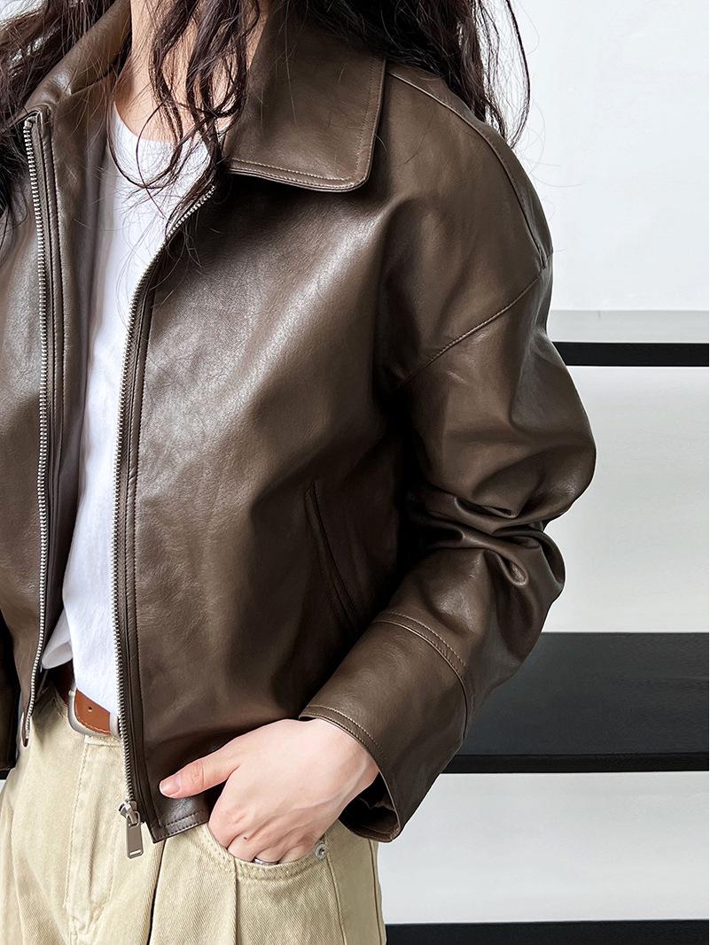 

Luxi Продвинутая крутая женская куртка из ПУ кожи мотоциклетного стиля с отложным воротником - стиль Гонконга для весны и осени L коричневый