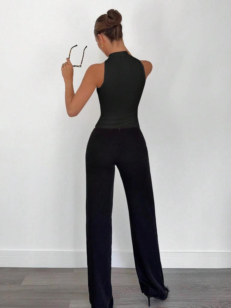 2025 Spring/Summer Women's High Neck Metal Ring Sleeveless Off-Shoulder Elastic Vest