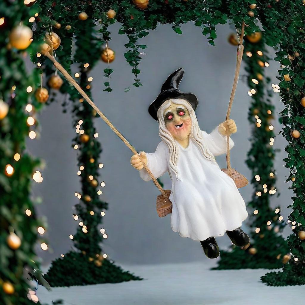 Ghost and Witch Pendant Set: Black-Clad Ghost Swing, White-Clad Ghost with Cat, Purple-Clad Witch for Courtyard & Garden Decor