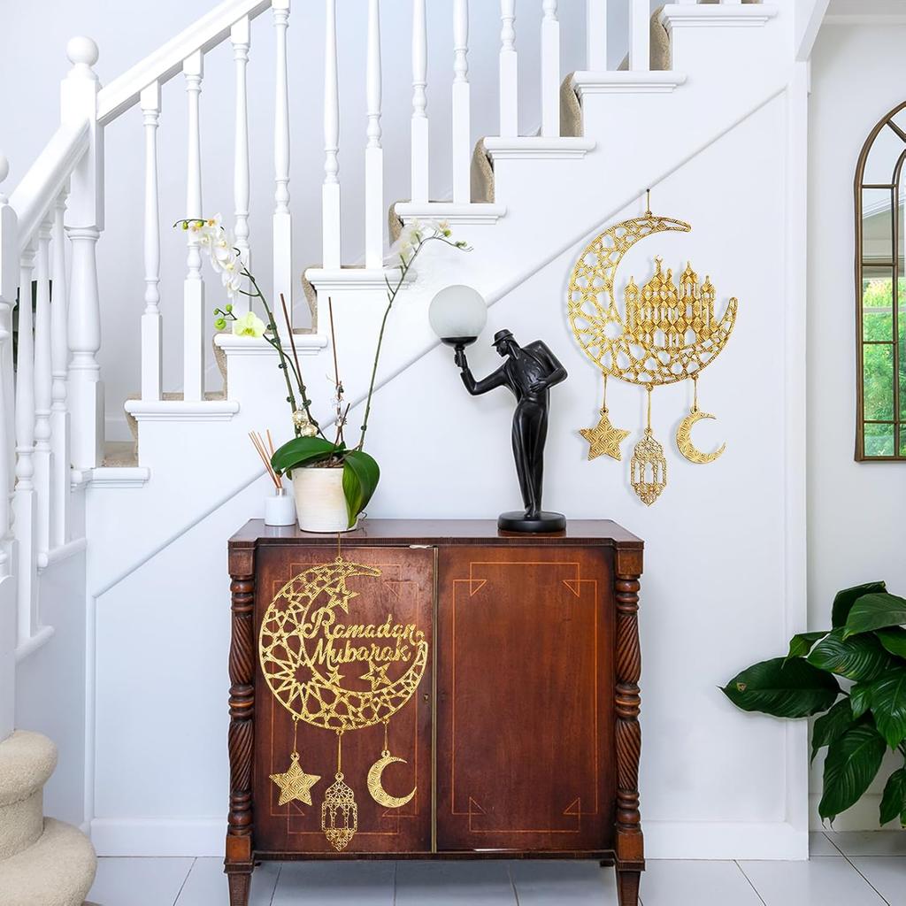 2 Pieces Eid Mubarak Door Sign Wooden Hanging Signs, Ramadan Kareem Hollow Ornament Decorations Moon and Stars, Moon Shape Ramadan Mubarak Party Wood