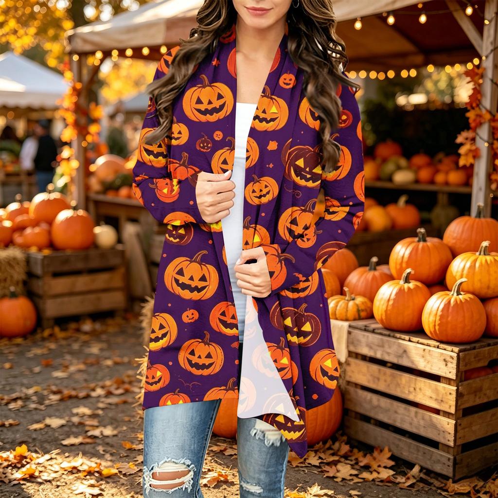 Damen Trendy Halloween-Print Langarm-Strickjacke Pullover für Lässige Herbstmode