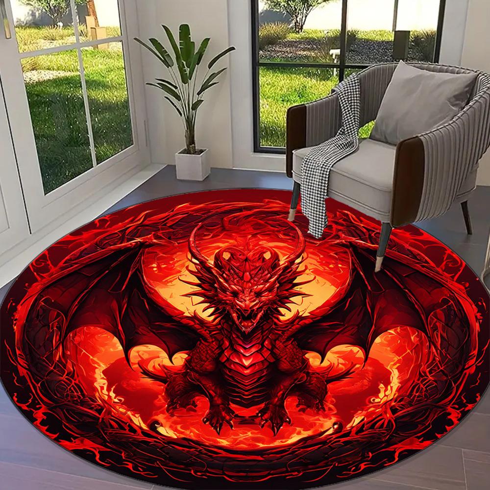 Vibrant Red Dragon Round Rug – Fantasy-Themed Anti-Slip Floor Mat with Fiery Design, Perfect for Bedroom, Living Room, Study