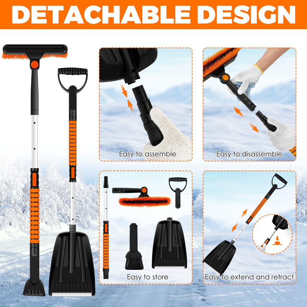 5 In 1 Retractable Snow Brush and Ice Scraper for Car Windshield Snow Shovel with 180° Pivoting Brush Head Car Snow Cleaning
