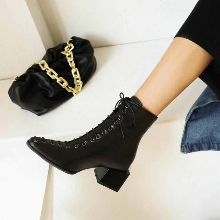 European and American Style Small Square Head Front Lace-up Chinese and  Short Women's Boots