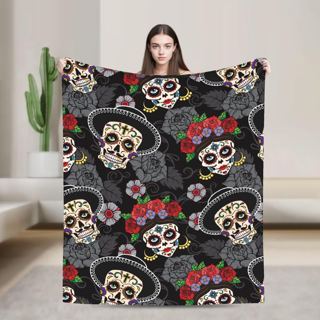 Sugar Skull Rose Halloween Knitted Blanket Flannel Gothic Day of the Dead Warm Throw Blankets for Bed Bedspread