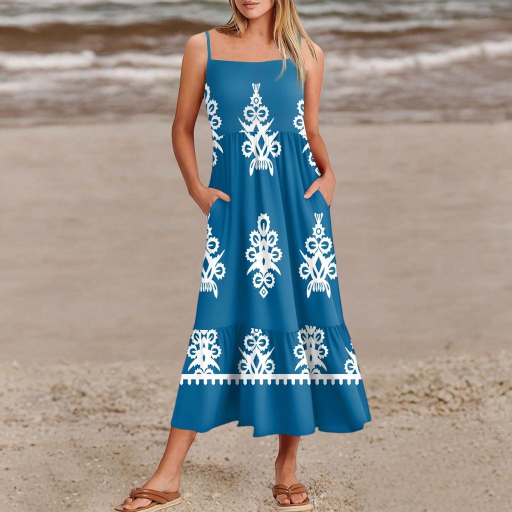 Women's Summer Spaghetti Strap Patchwork Beach Vacation Vintage Dress With Pockets