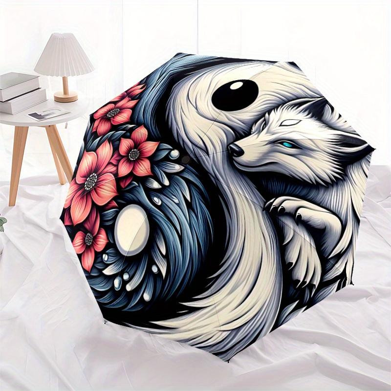 1pc YinYang Wolf Automatic Folding Umbrella, 8-Rib Sturdy Canopy, Portable Travel Umbrella for Outdoor Use,097