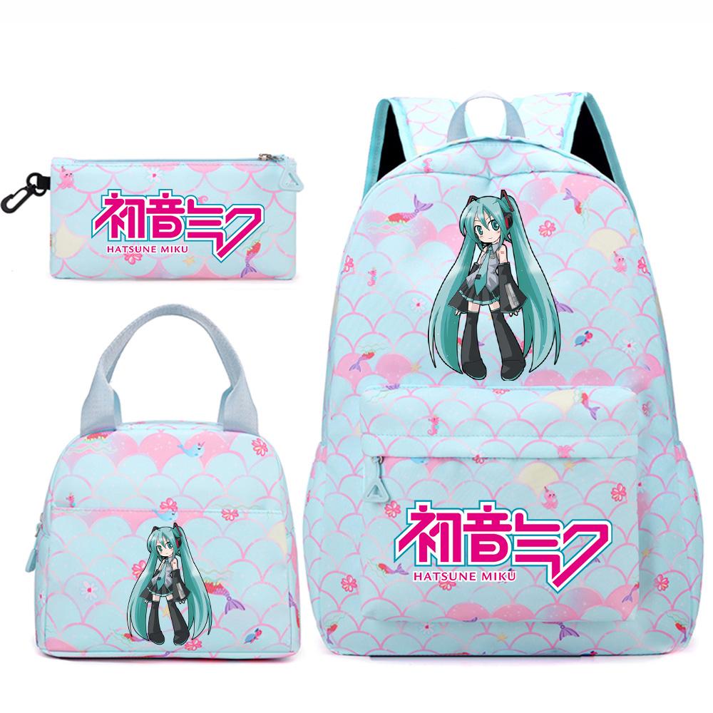 3 Stück/Set Anime Cartoon Hatsune Miku Bedruckter Rucksack Handtasche Federmäppchen für Teenager Schüler Mädchen Jungen Große Kapazität Wasserdicht Schultasche Reisetasche