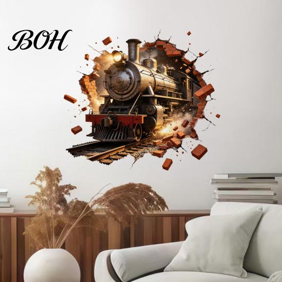 Wall Renovation Stickers for Renters 3D Retro Train Sticker, Break Through Decal, Peel and Stick Art Decorative Study Room Mural Kids Bedroom