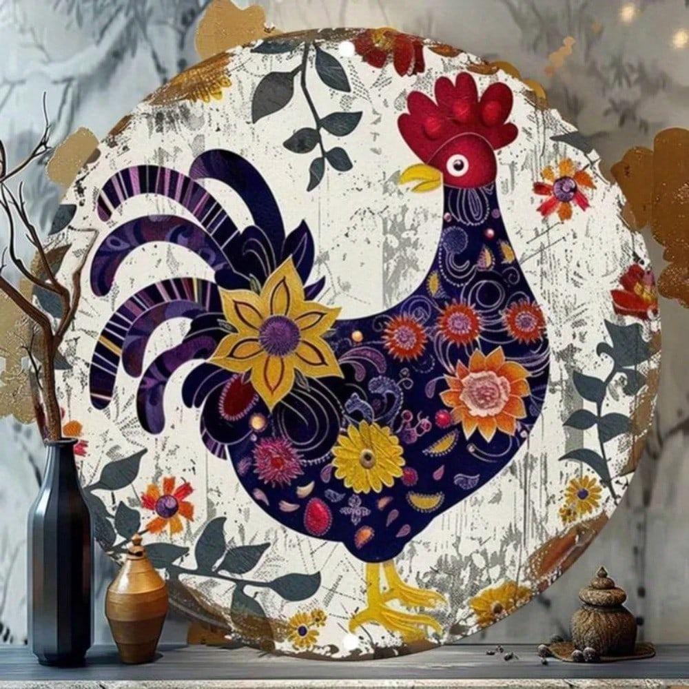 Vintage Colorful Rooster Aluminum Wall Art Floral Waterproof Decor