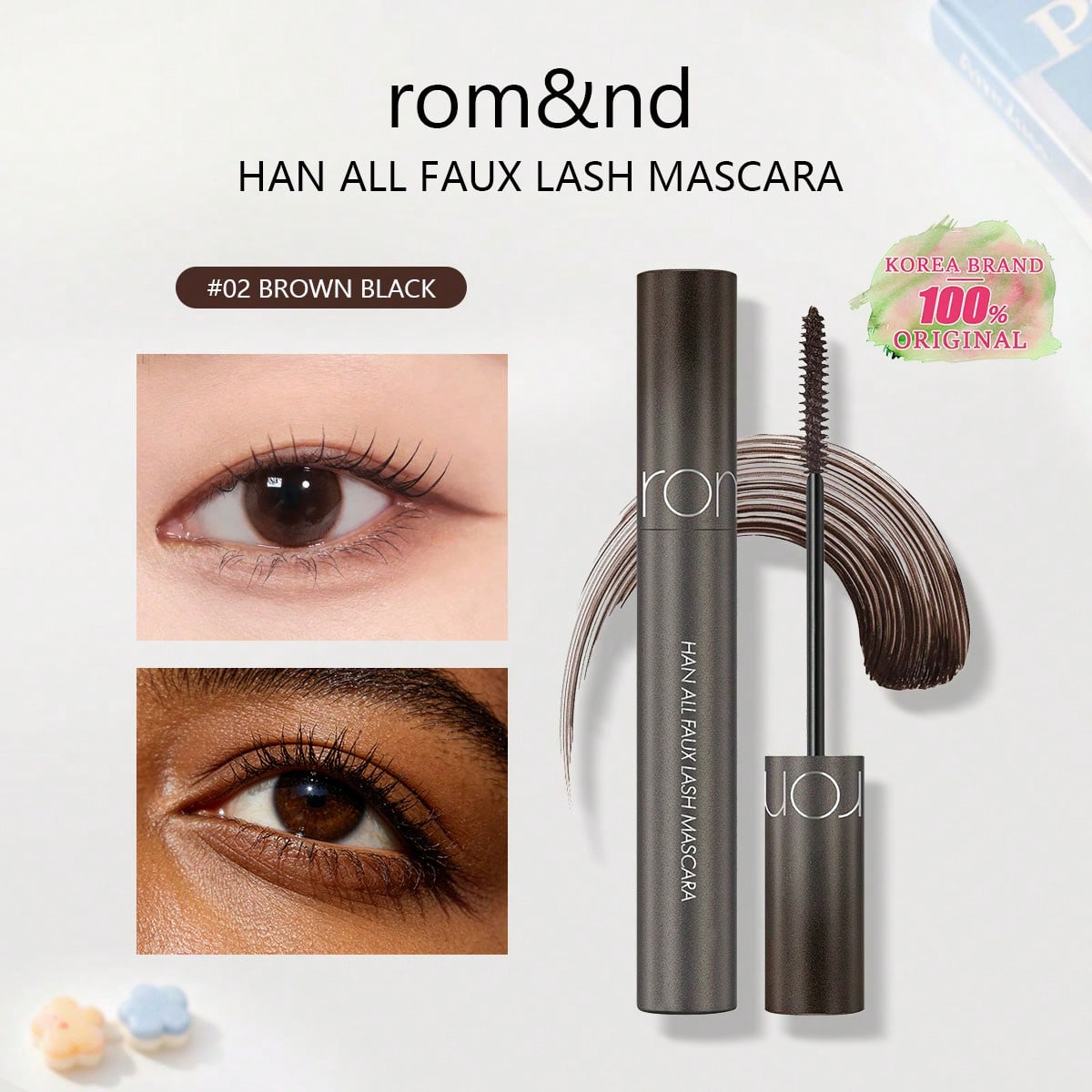 rom&nd HAN ALL FAUX LASH MASCARA 01-03, Volumegevend, Verlengend, Krullend, Waterdicht, Vlekbestendig, , Koreaanse Schoonheid, , Cadeau 02 BROWN BLACK