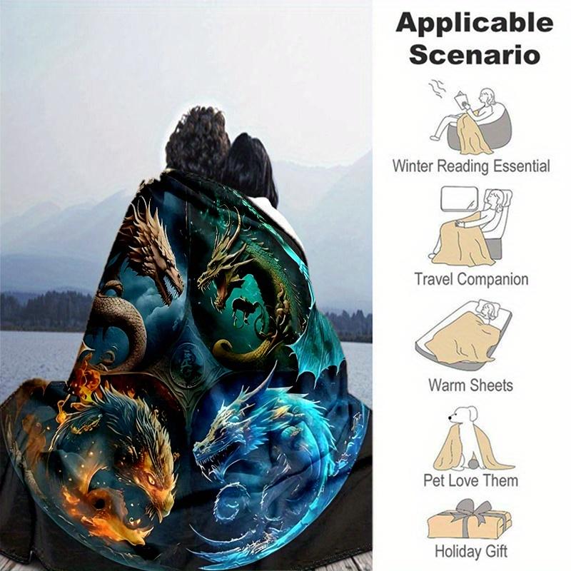 1pc Composition of Fire Water Earth and Air Dragons Blanket  Soft Throw for Home Decor, Gift Idea, Living Room, Travel, Camping, Car Blankets