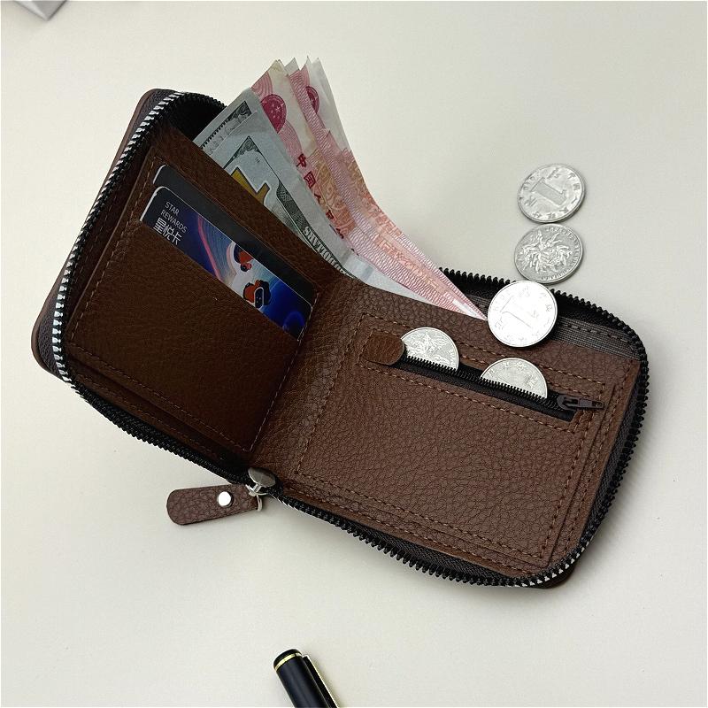 Men Zipper Wallet Bifold PU Leather Large Capacity Wallet Card Holder Coin Pocket Cash Slot Short Wallet for Men