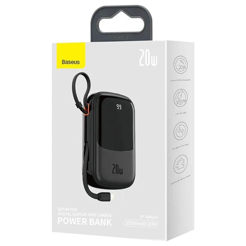 Powerbank Baseus Qpow Pro with Lightning Cable, USB-C and USB Port, 20000mAh, 20W (Black)