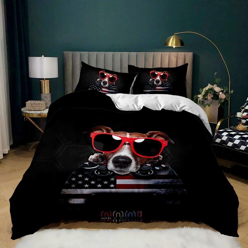 Cute Cartoon Dog Bedding Sets Spotted Dog Bulldog Comforter Bed Cover Duvet Cover Pillow Case 2-3 Pieces Sets Kids Adult Size