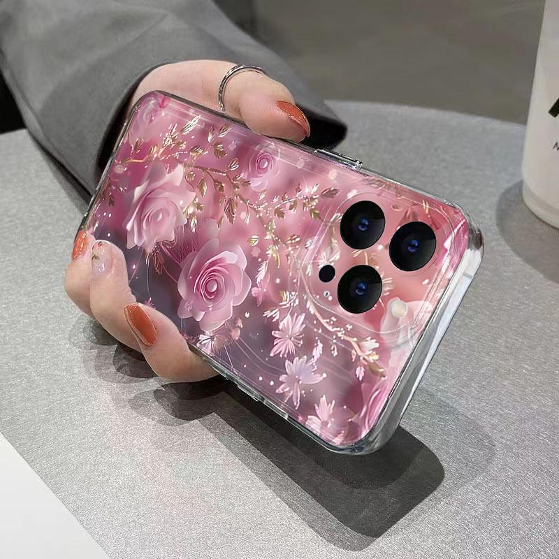 Vibrant Red Rose Floral Clear Phone Case for iPhone 17 16 15 14 13 12 11 16E Series Pro Max Plus Double Layer Protection