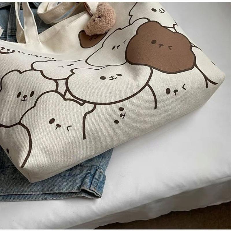 Fashionable Cartoon Printed Cute Bear with Bear Head Pendant, Single Shoulder Large Capacity Student Bag, Versatile Single Shoulder Bag, Handbag