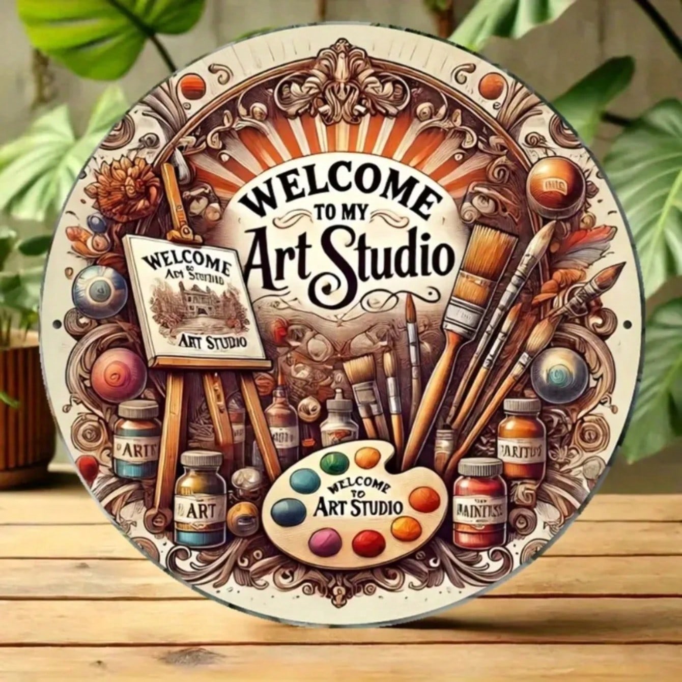Vintage Welcome Sign Round Metal Art Studio Decor Painting Palette 20x20