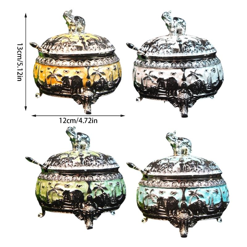 Q1JB Elegant Alloy Sugar Bowl with Lid and Spoon Elephant Kitchen Container Alloy Texture Table Decorating Accessories