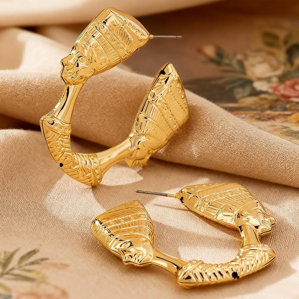 Exaggerated Portrait Earrings Gold Circular Hoop Earrings  Holiday Style
