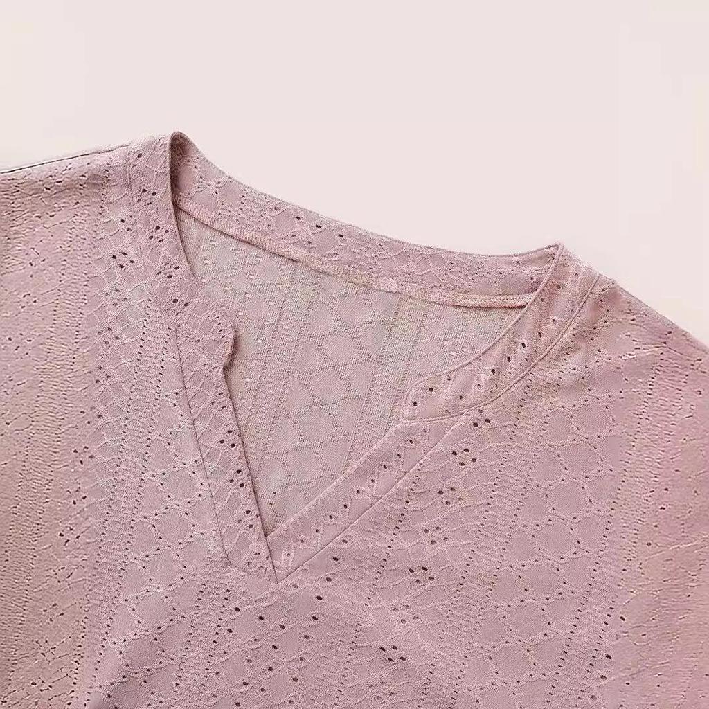 2024 Summer Women's Plus Size V-Neck Batwing Sleeve Hollow Breathable T-Shirt