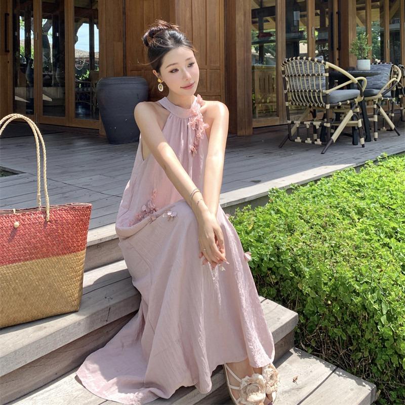 Summer New Elegant Flower Neck Pleated A-Line Loose Dress