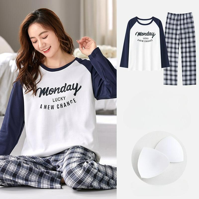 Pajamas with Chest Pads, Women's Autumn and Winter Long-sleeved Cotton, Cute and Casual, Can Be Worn Outside Home Service Suits