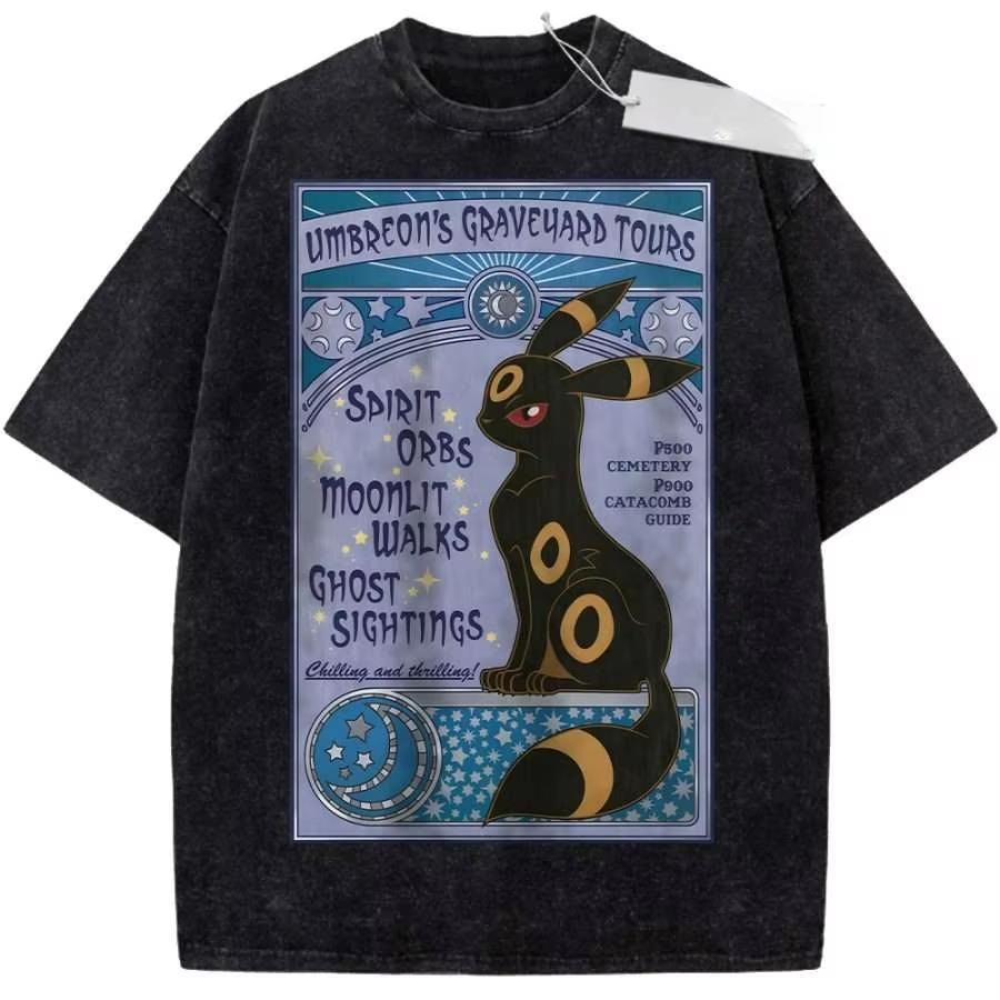 T-Shirt Sports T Shirt Short Sleeve T Shirt Black Unisex Pure Cotton Washed Vintage Pokemon Anime Daily Wear Cool Top L