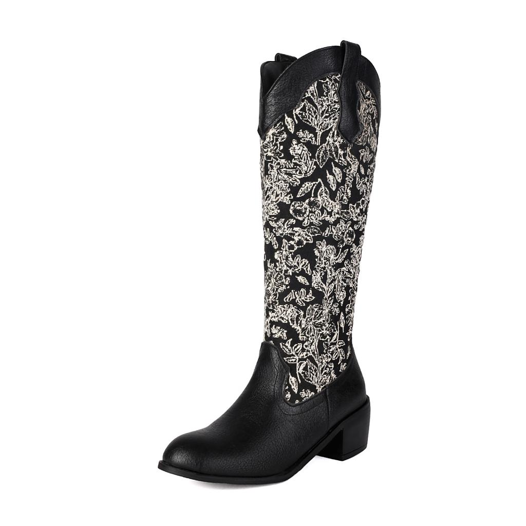 Britische hohe Stiefel, gespleißte, bedruckte Ritterstiefel, dicke Stiefel mit mittlerem Absatz, Größe 40-46, große Größen