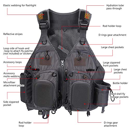 Bassdash Fishing Vest, Mesh Outdoor Top, Multifunctional Vest, Unisex, One Size Fits All (F-22 Gray)