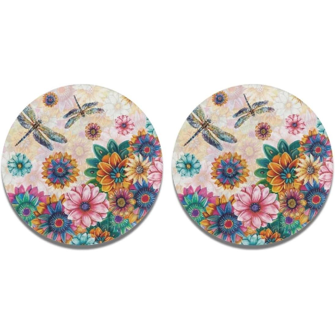 Pensura Cute Capybara Car Cup Holder Coaster, 2 Pack Universal Anti Slip Water Absorbent Car Coasters Boho Blossoms Dragonfly
